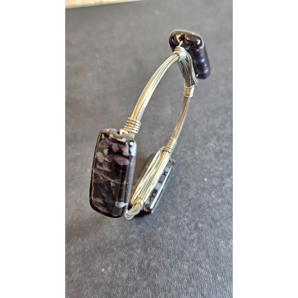 Handmade Indigo Gabbro Mystic Merlinite 3 Stone Wire Wrapped Cuff Bracelet